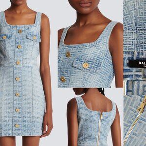 BALMAIN MONOGRAM LOGO LIGHT WASH DENIM Debossed Mini Dress US 10 FR42 $2,925